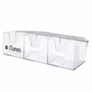 A clear plastic organizer with a iTunes brand label on the side
